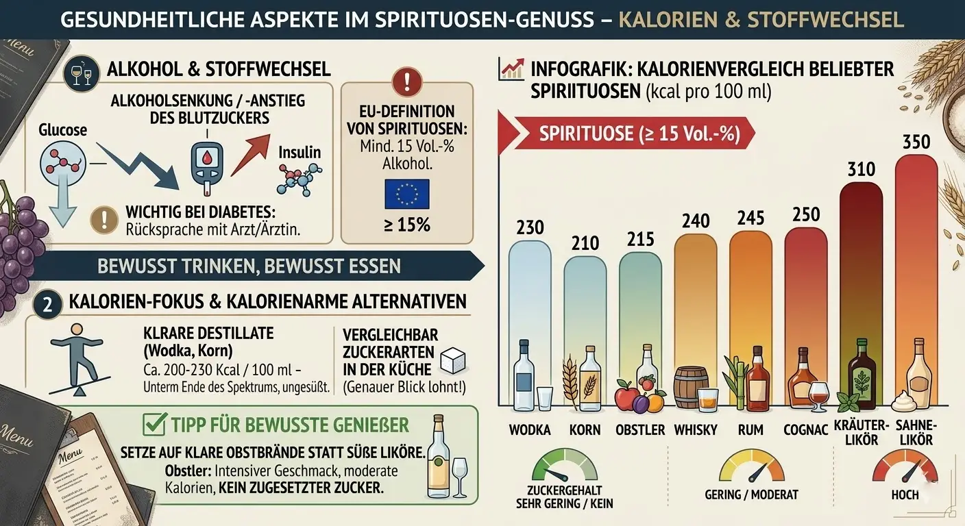 Infografik: Kalorienvergleich beliebter Spirituosen – kcal pro 100 ml von Wodka bis Sahnelikör