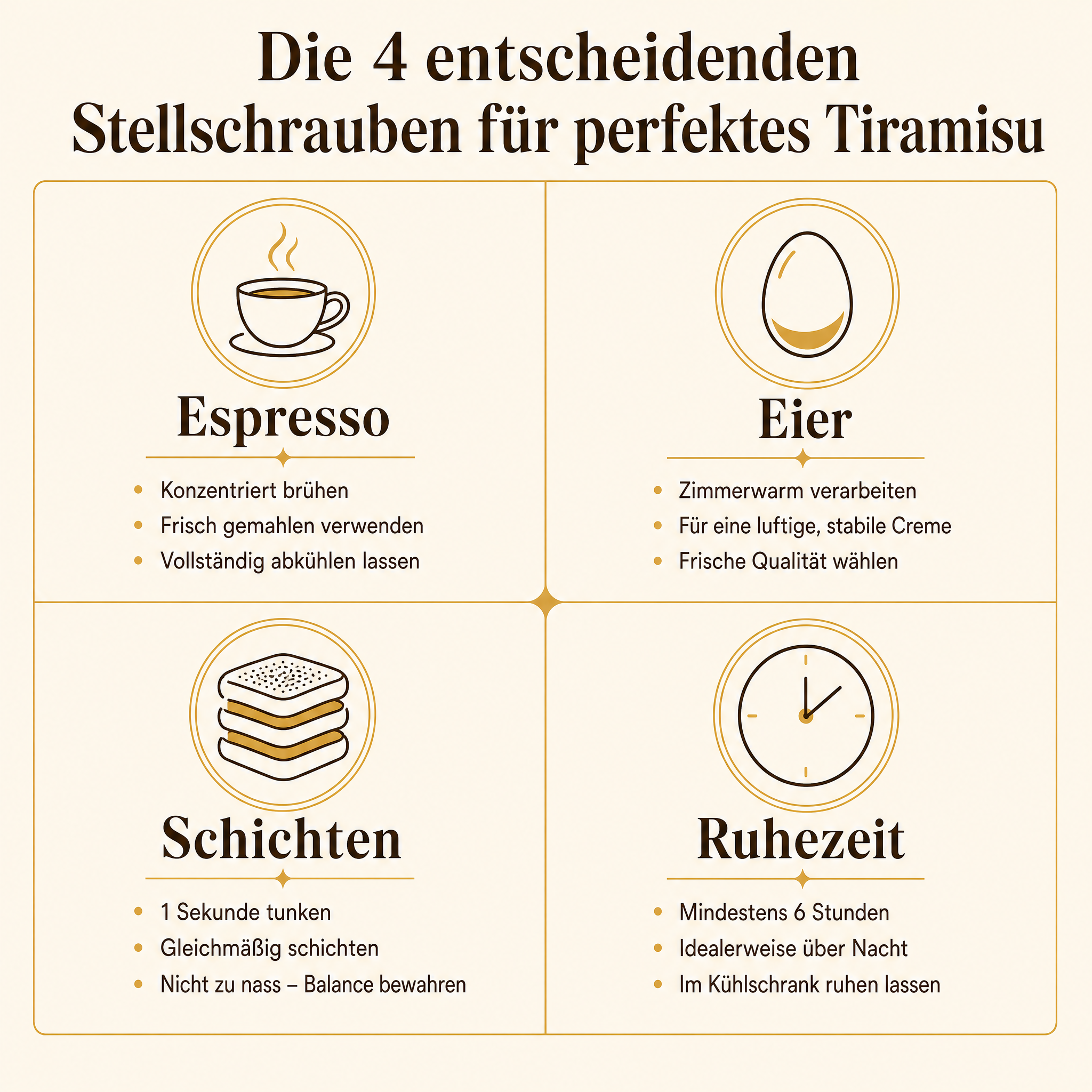 Infografik mit den vier wichtigsten Erfolgsfaktoren beim Tiramisu – Espresso, Eier, Schichten und Ruhezeit im Überblick