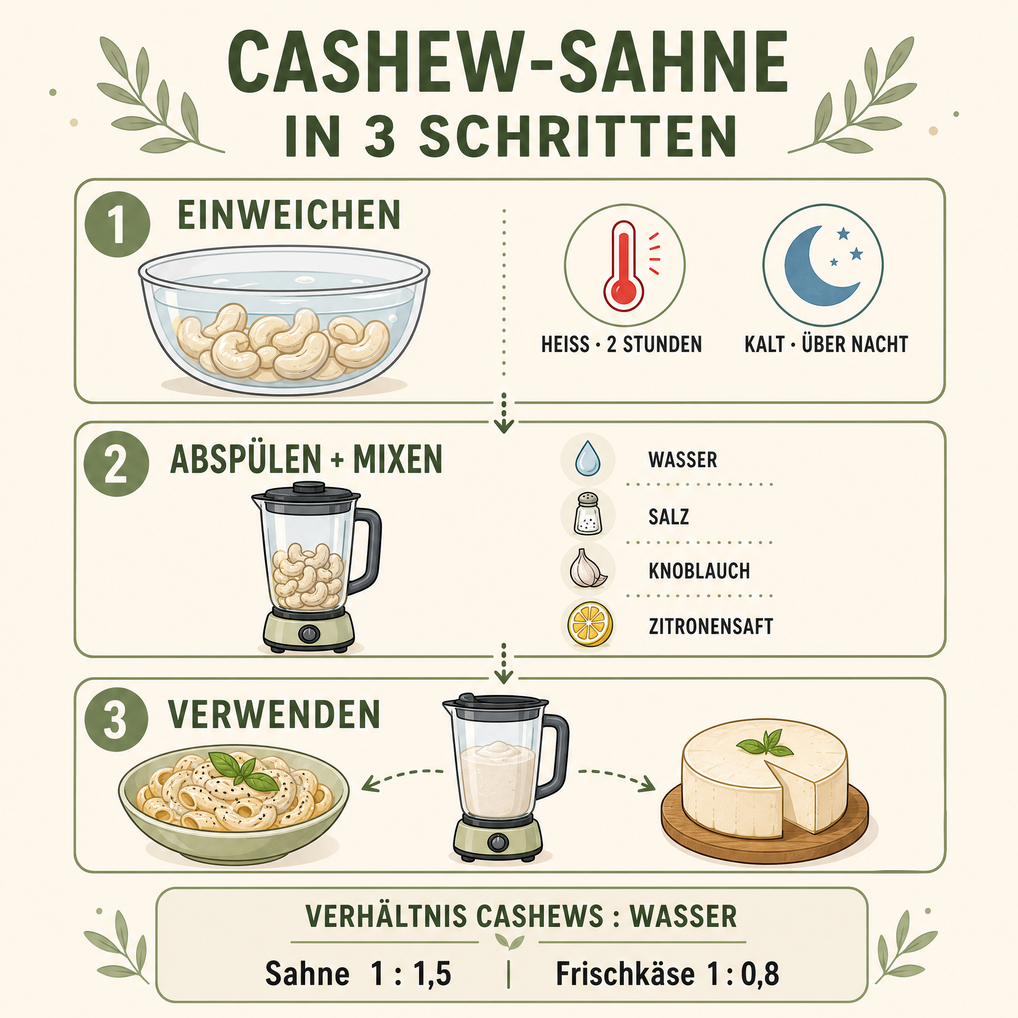 Infografik Cashew-Sahne in 3 Schritten – Einweichen, Abspülen und Mixen mit Verhältnisangaben für Sahne und Frischkäse