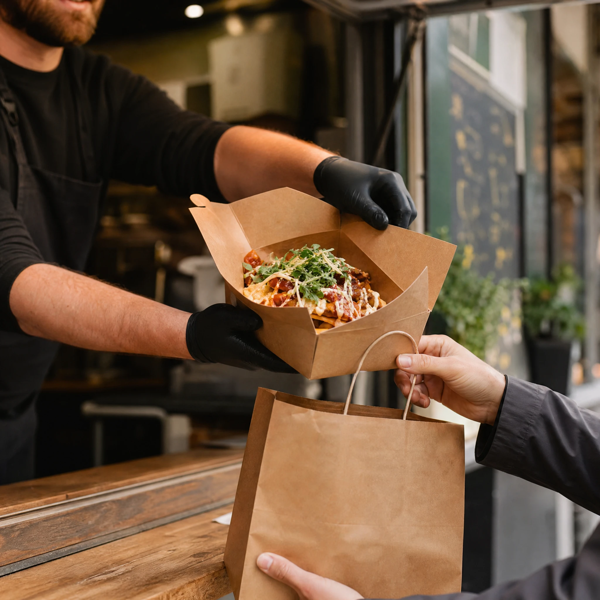 Imbiss- oder Foodtruck-Szene: Eine warme Mahlzeit wird in eine Menübox aus Karton gefüllt und in eine Kraftpapier-Tragetasche gepackt