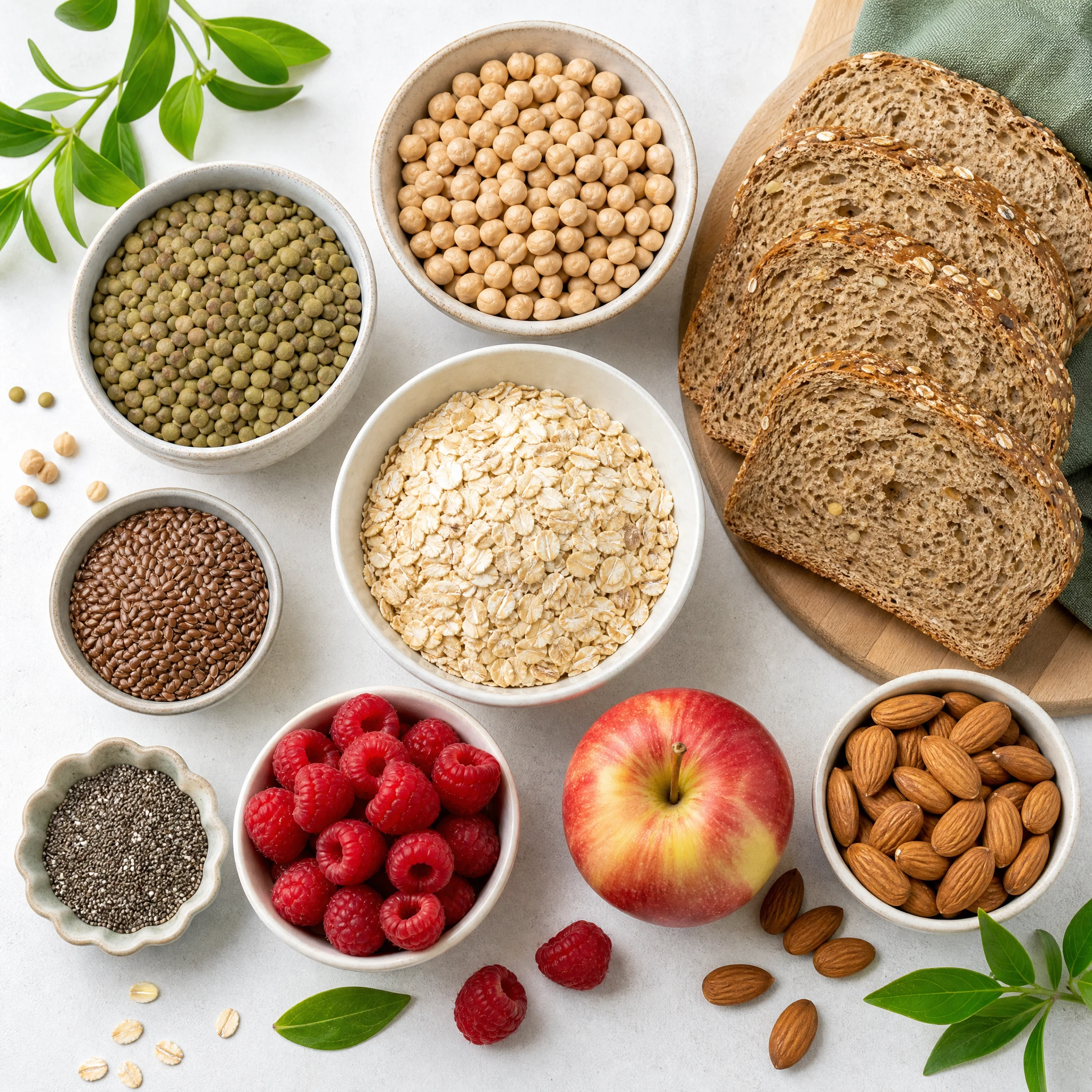 Flatlay mit ballaststoffreichen Lebensmitteln: Hülsenfrüchte, Vollkornbrot, Haferflocken, Leinsamen, Beeren, Äpfel, Nüsse und Gemüse auf einem hellen Holztisch