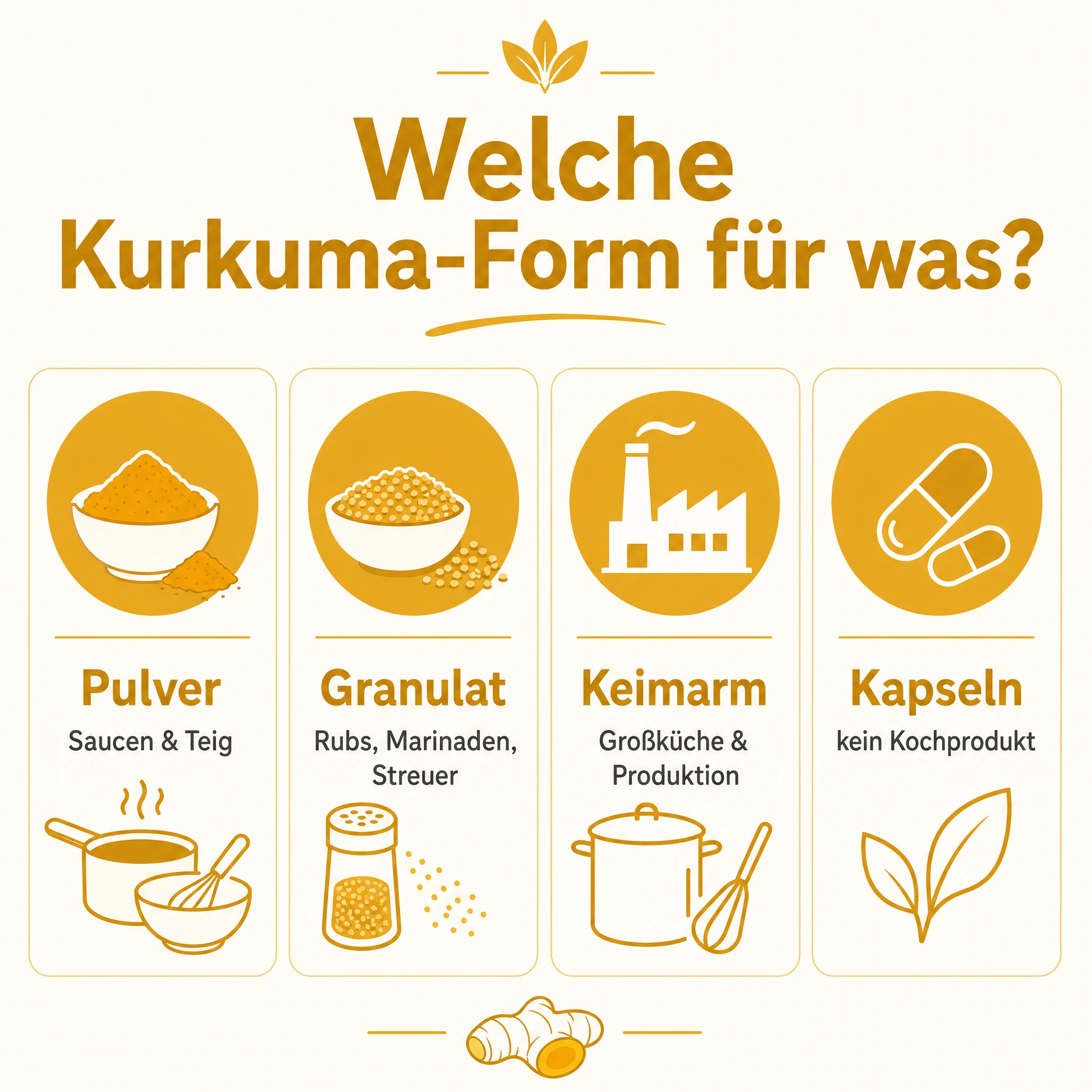 Infografik Kurkuma-Entscheidungshilfe: Pulver für Sauce und Teig, Granulat für Rubs und Streuer, keimarme Qualität für Großküche und Produktion, Kapseln nicht zum Kochen