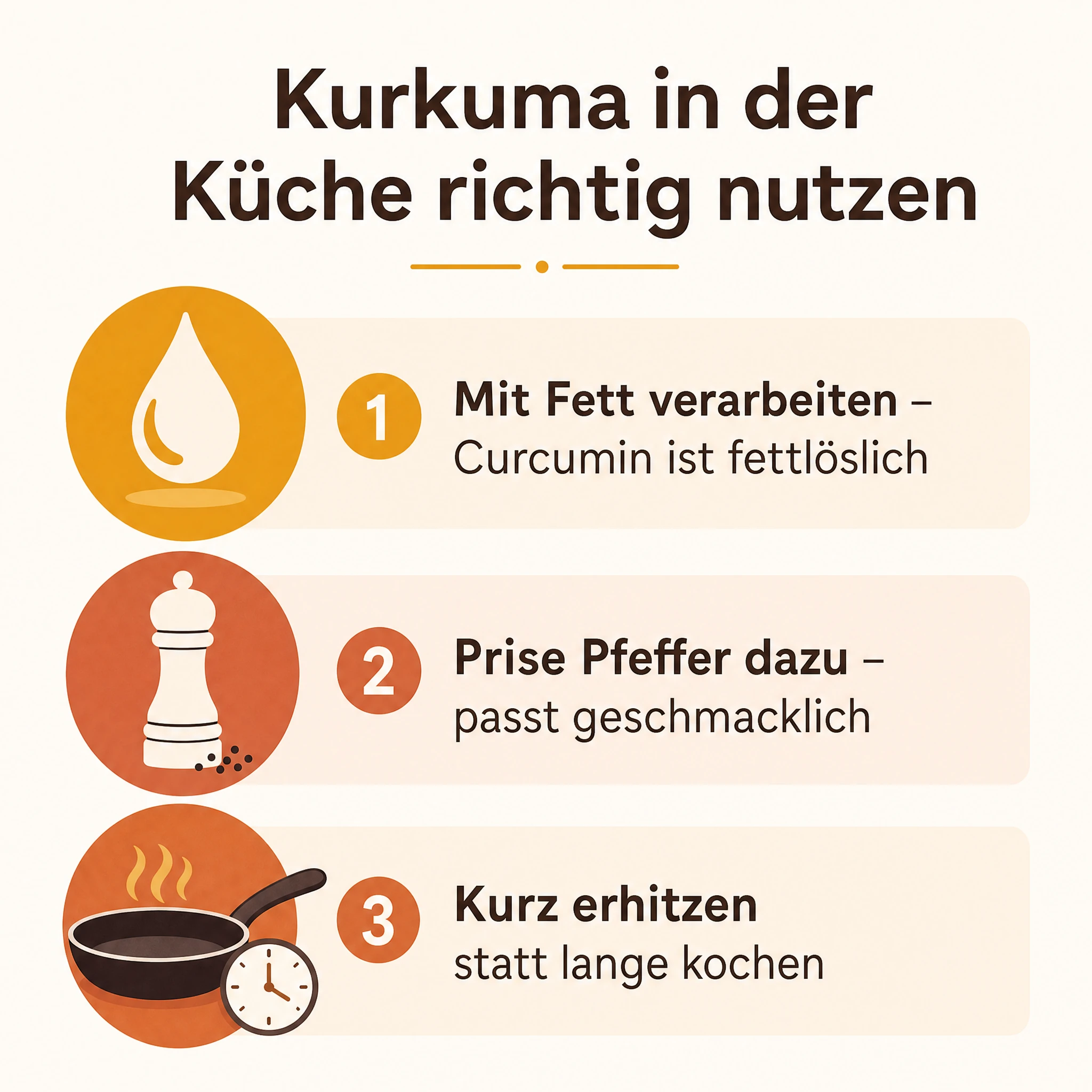 Infografik Kurkuma in der Küche richtig nutzen: mit Fett verarbeiten weil Curcumin fettlöslich ist, eine Prise Pfeffer dazu, kurz erhitzen statt lange kochen