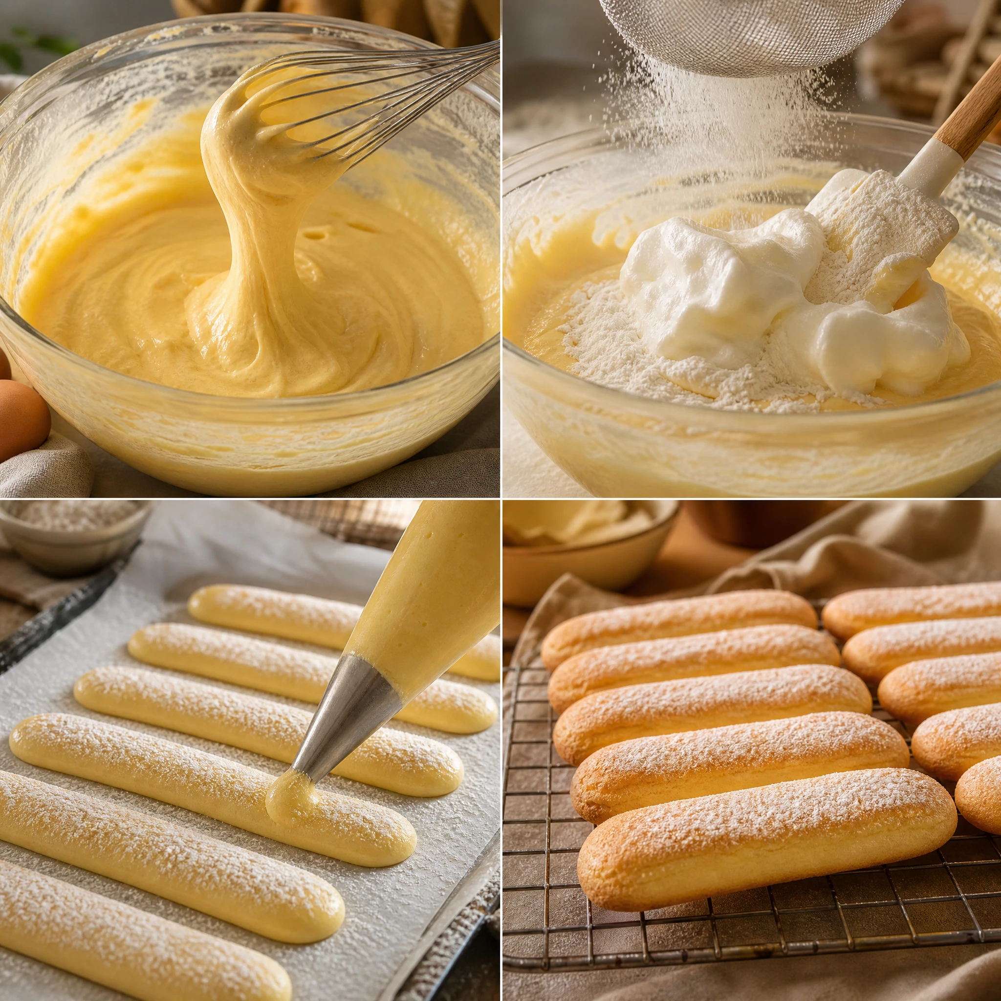 Vier Schritte für handgemachte Savoiardi in einer Bildcollage: cremig aufgeschlagenes Eigelb, untergehobener Eischnee mit Mehl, aufgespritzter Teig auf Backpapier und fertig gebackene Löffelbiskuits auf einem Gitter