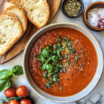 Pomodoro Zuppa - Tomatensuppe - Zuppa di pomodori mit Brot und Zutaten auf der Seite