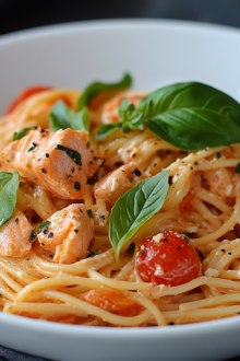 Spaghetti mit Lachs und Tomaten-Sahne-Käse-Sauce