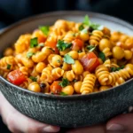 Fusilli aus roten Linsen mit bunter Gemüsepfanne und Avocado-Creme
