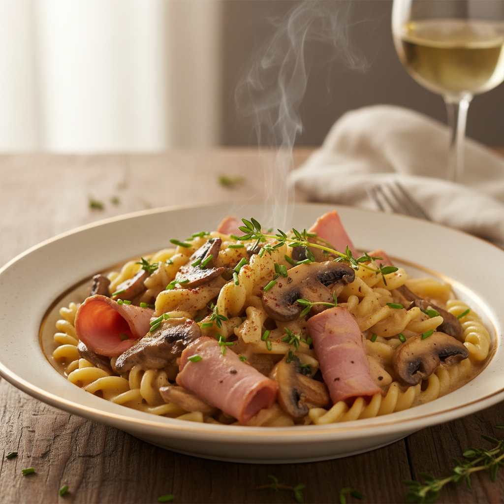 Rezept: Cremiges Schinken-Pilz-Stroganoff mit Waldaromen Rezept: Cremiges Schinken-Pilz-Stroganoff mit Waldaromen