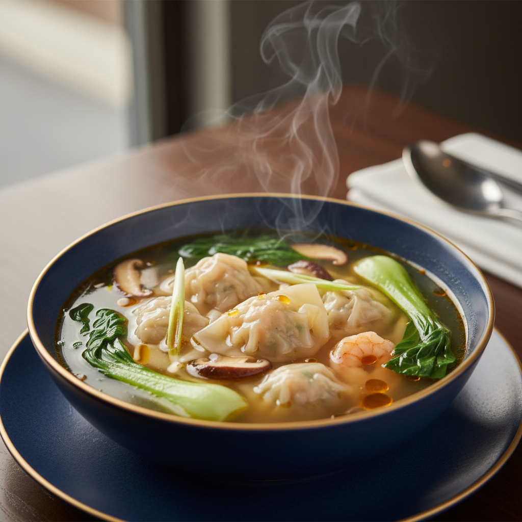 Rezept: Aromatische Wonton Suppe mit Schweinefleisch und Garnelen