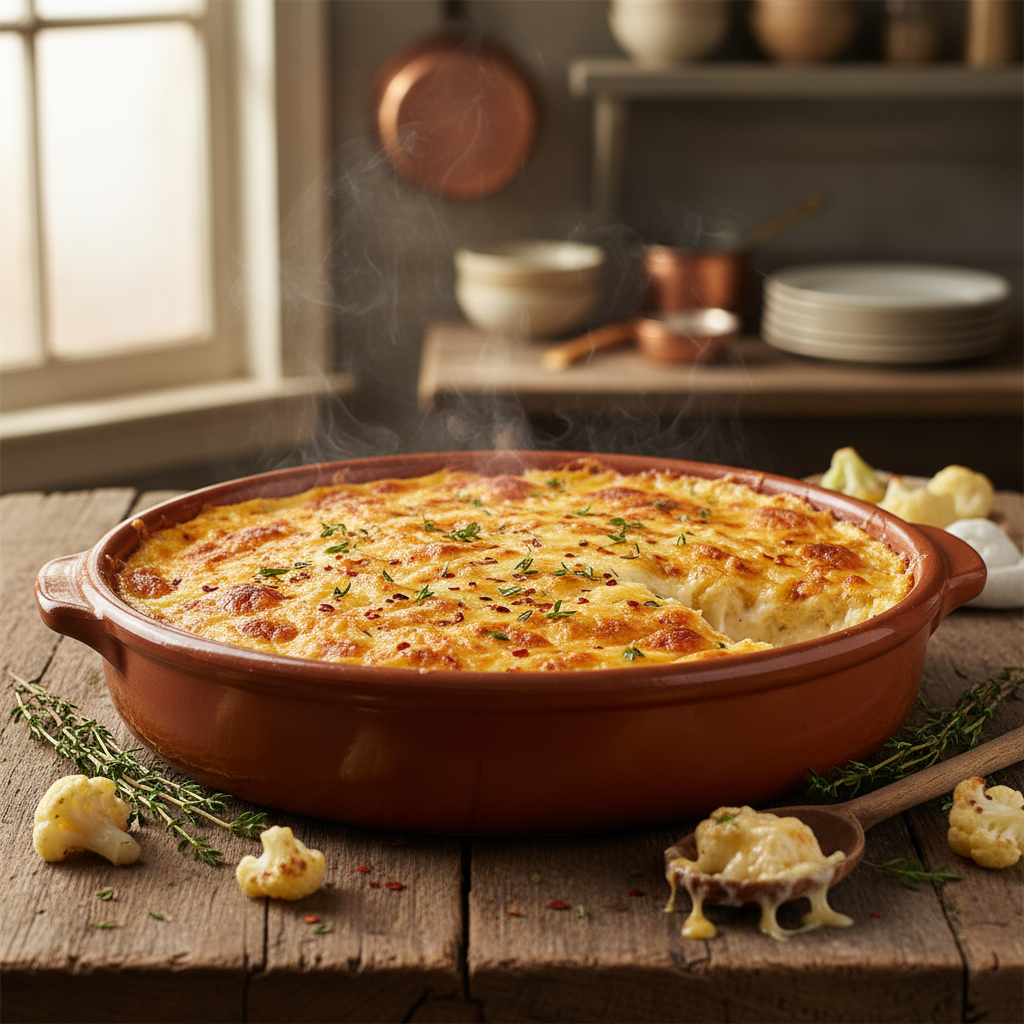 Rezept: Cremiger Blumenkohlauflauf mit würziger Käsekruste Rezept: Cremiger Blumenkohlauflauf mit würziger Käsekruste