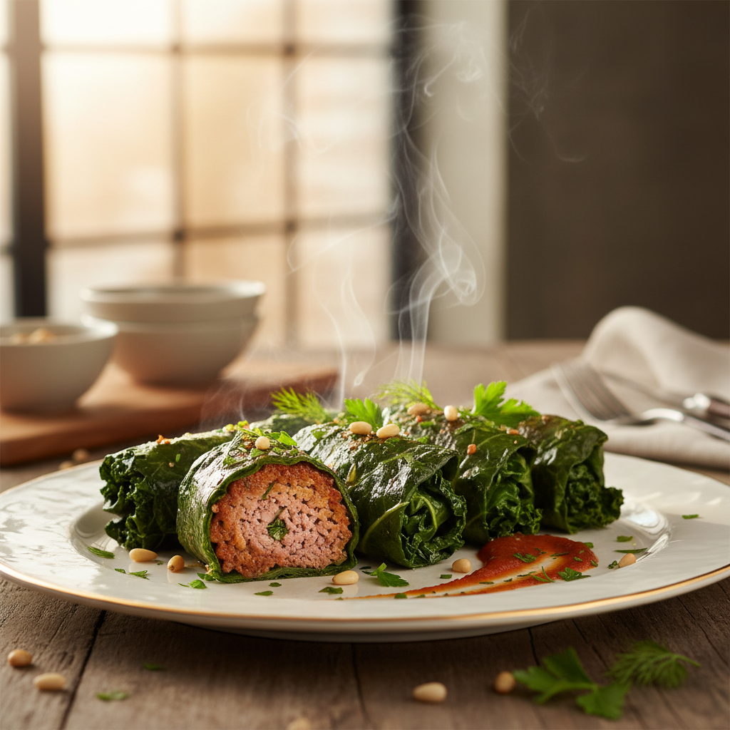 Rezept: Würzige Grünkohlrouladen mit Hackfleischfüllung Rezept: Würzige Grünkohlrouladen mit Hackfleischfüllung