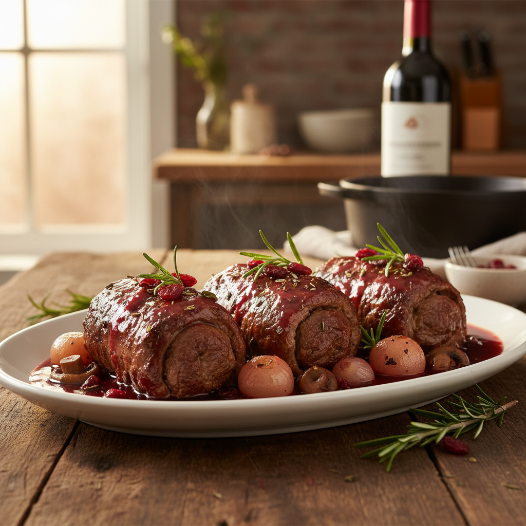 Rezept: Festliche Rinderrouladen zart geschmort in Rotweinsauce