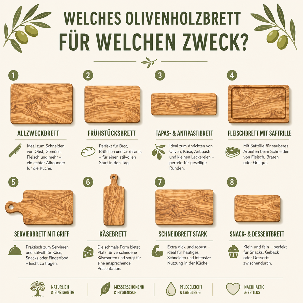 Infografik mit 8 verschiedenen Olivenholz-Schneidebrettern und Servierbrettern und ihren typischen Einsatzzwecken