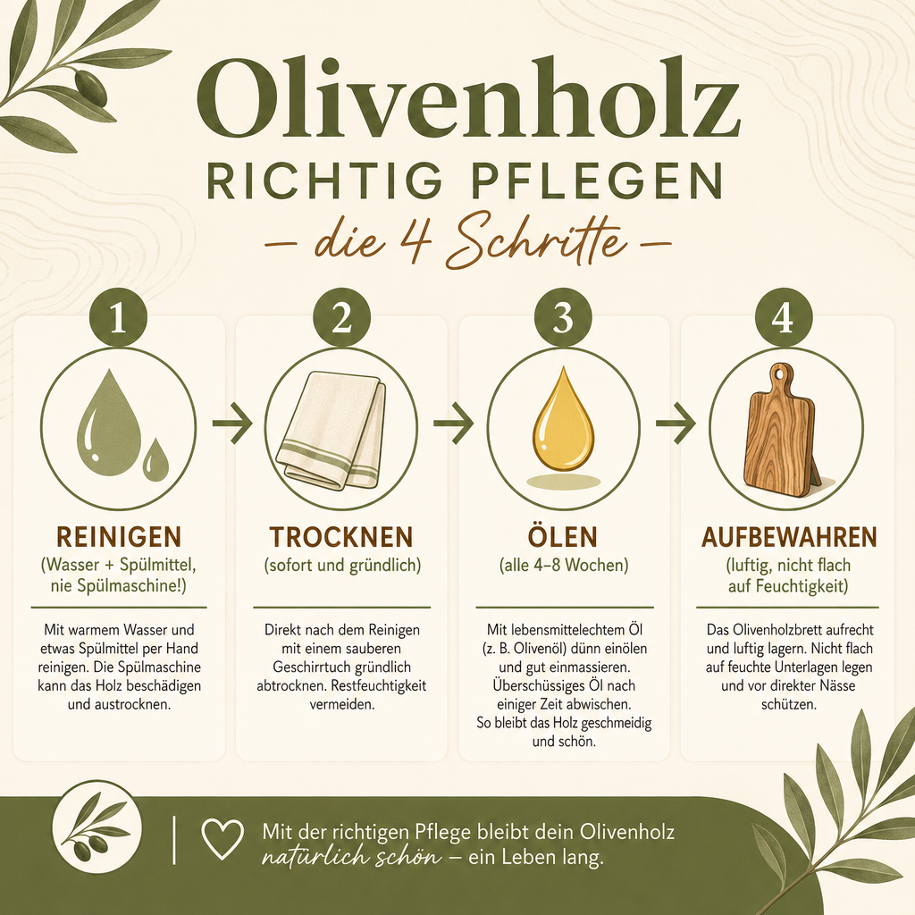 Infografik zur richtigen Pflege von Olivenholz-Schneidebrettern in vier Schritten: Reinigen, Trocknen, Ölen, Aufbewahren