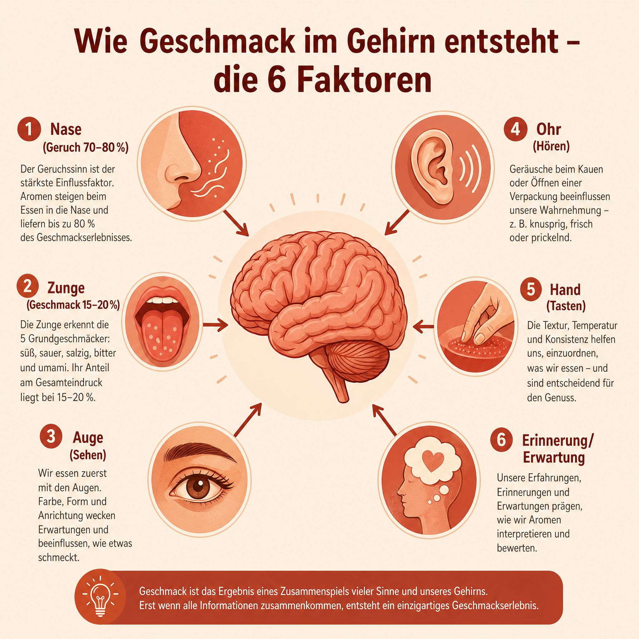 Infografik zur multisensorischen Geschmackswahrnehmung – wie Geruch, Geschmack, Sehen, Hören, Tasten und Erwartung im Gehirn zusammenwirken