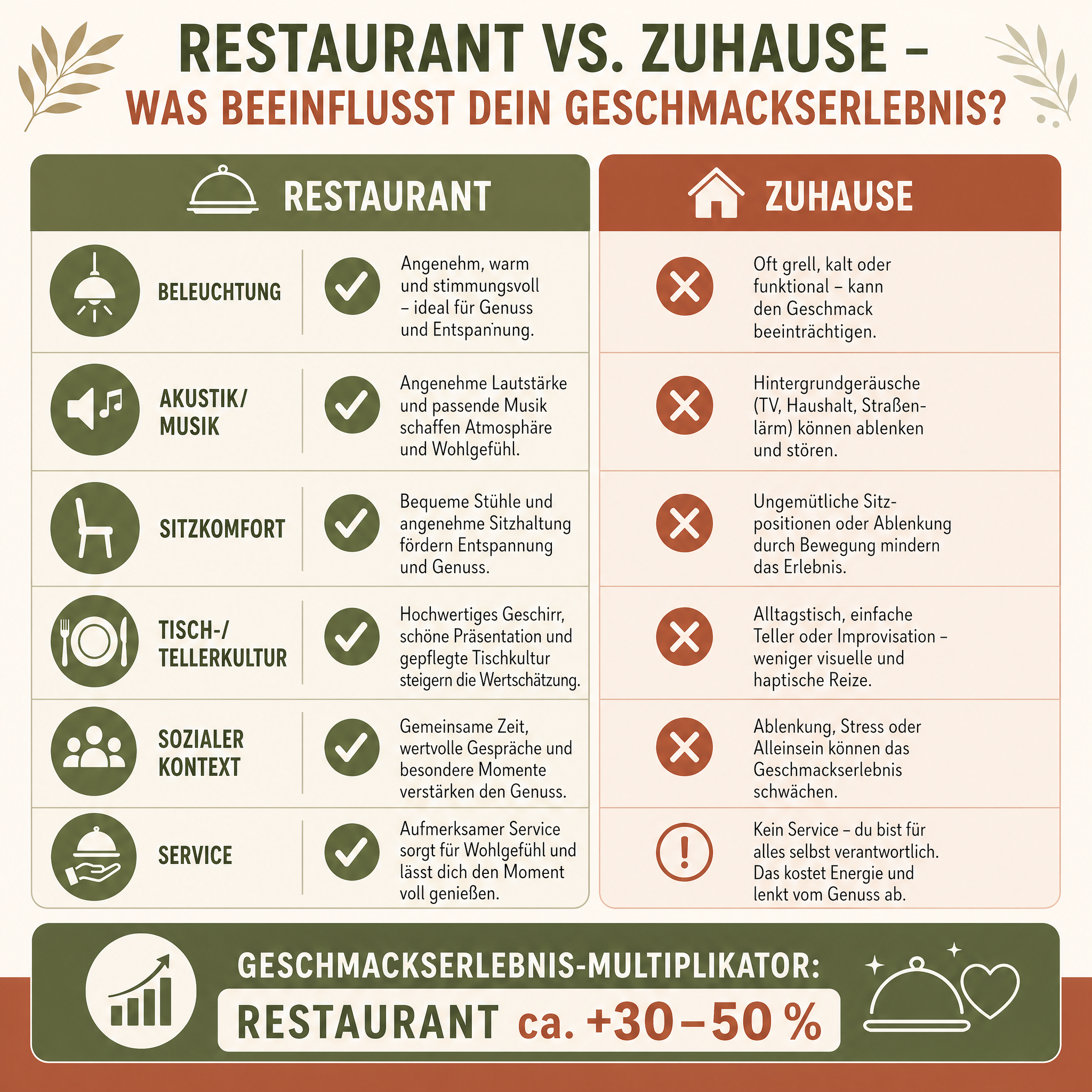 Vergleichsgrafik Restaurant vs. Zuhause – wie Beleuchtung, Akustik, Sitzkomfort und sozialer Kontext das Geschmackserlebnis beeinflussen