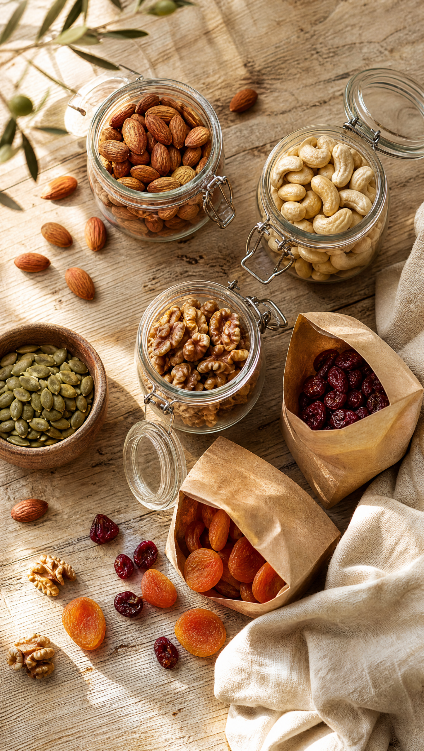 Verschiedene gesunde Snacks für unterwegs – Mandeln, Cashews, getrocknete Aprikosen, Cranberries und Kürbiskerne in kleinen Glasbehältern und Snackbeuteln auf einem Holzbrett