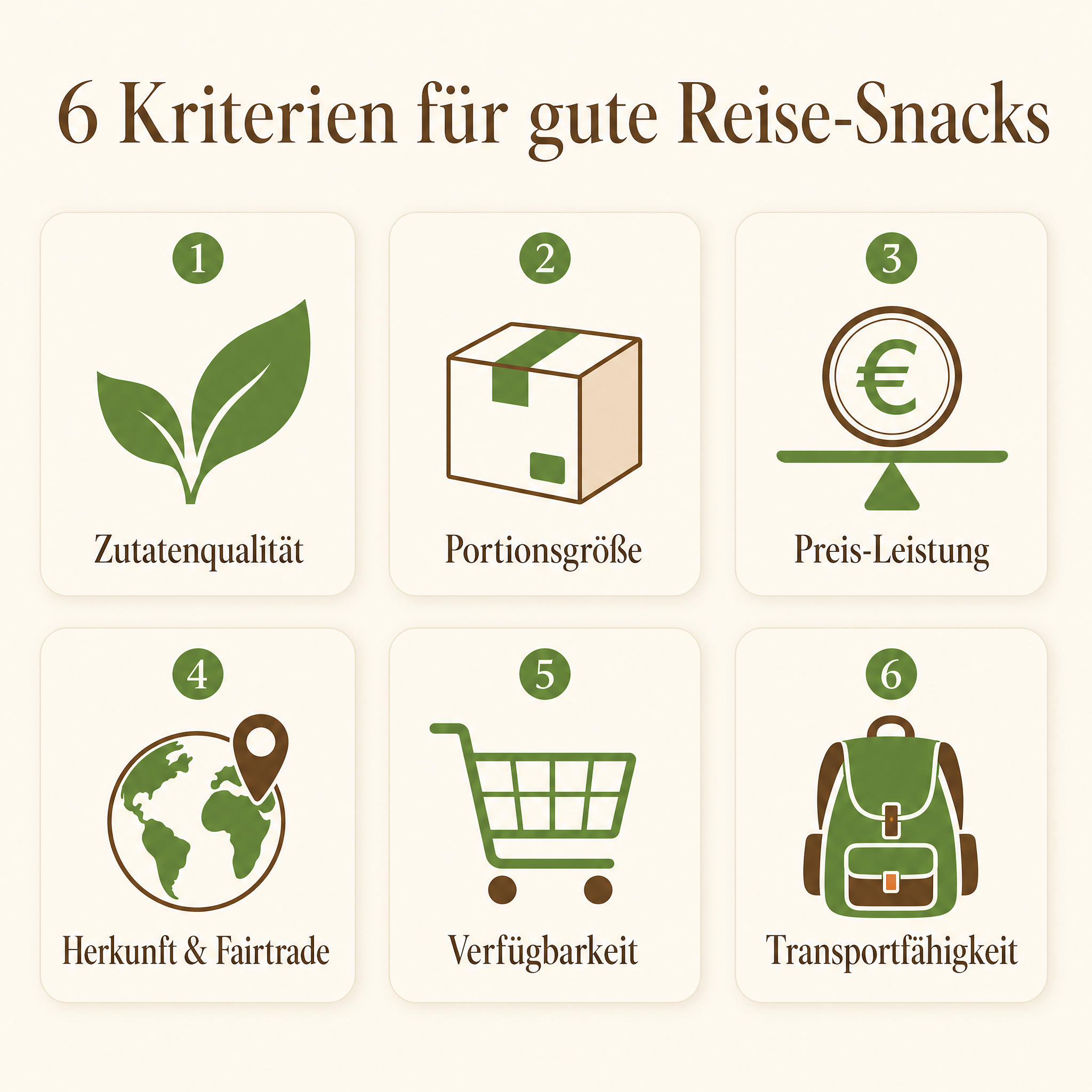 Infografik mit den 6 wichtigsten Bewertungskriterien für gesunde Snacks unterwegs – Zutatenqualität, Portionsgröße, Preis-Leistung, Herkunft, Verfügbarkeit und Transportfähigkeit