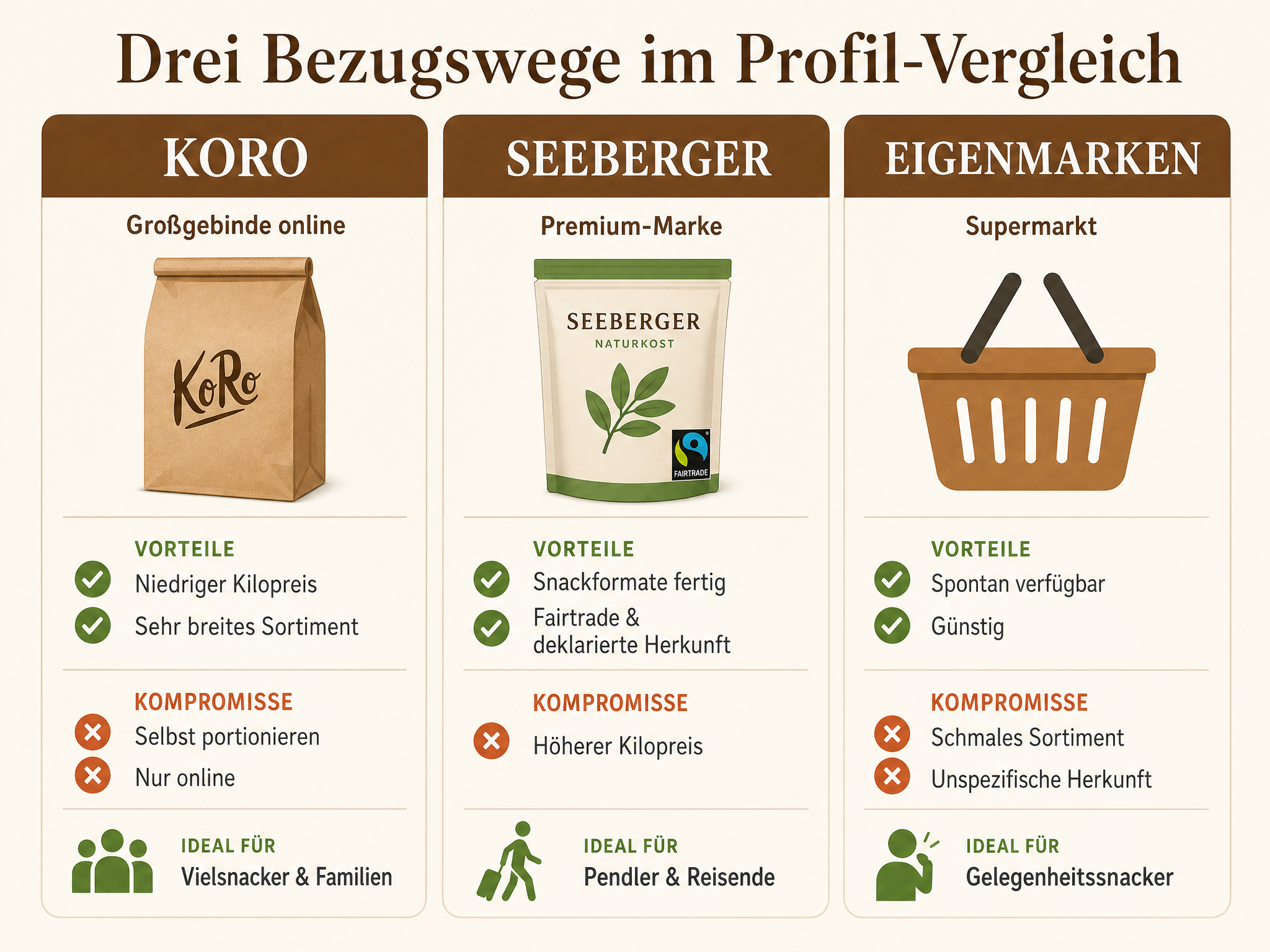 Infografik Vergleich der drei Bezugswege für gesunde Snacks unterwegs – Koro Großgebinde, Seeberger Premium-Marke und Supermarkt-Eigenmarken im Stärken-Schwächen-Profil