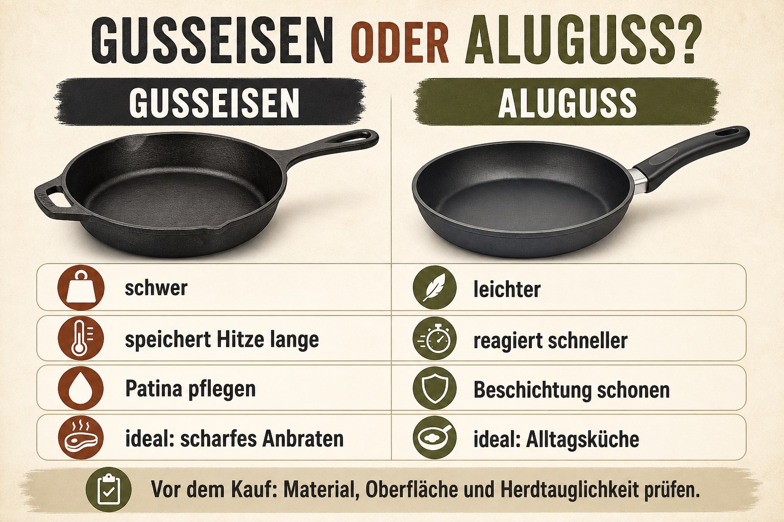 Infografik zum Vergleich von Gusseisen und Aluguss bei Gewicht, Wärmespeicherung, Pflege und Verwendung