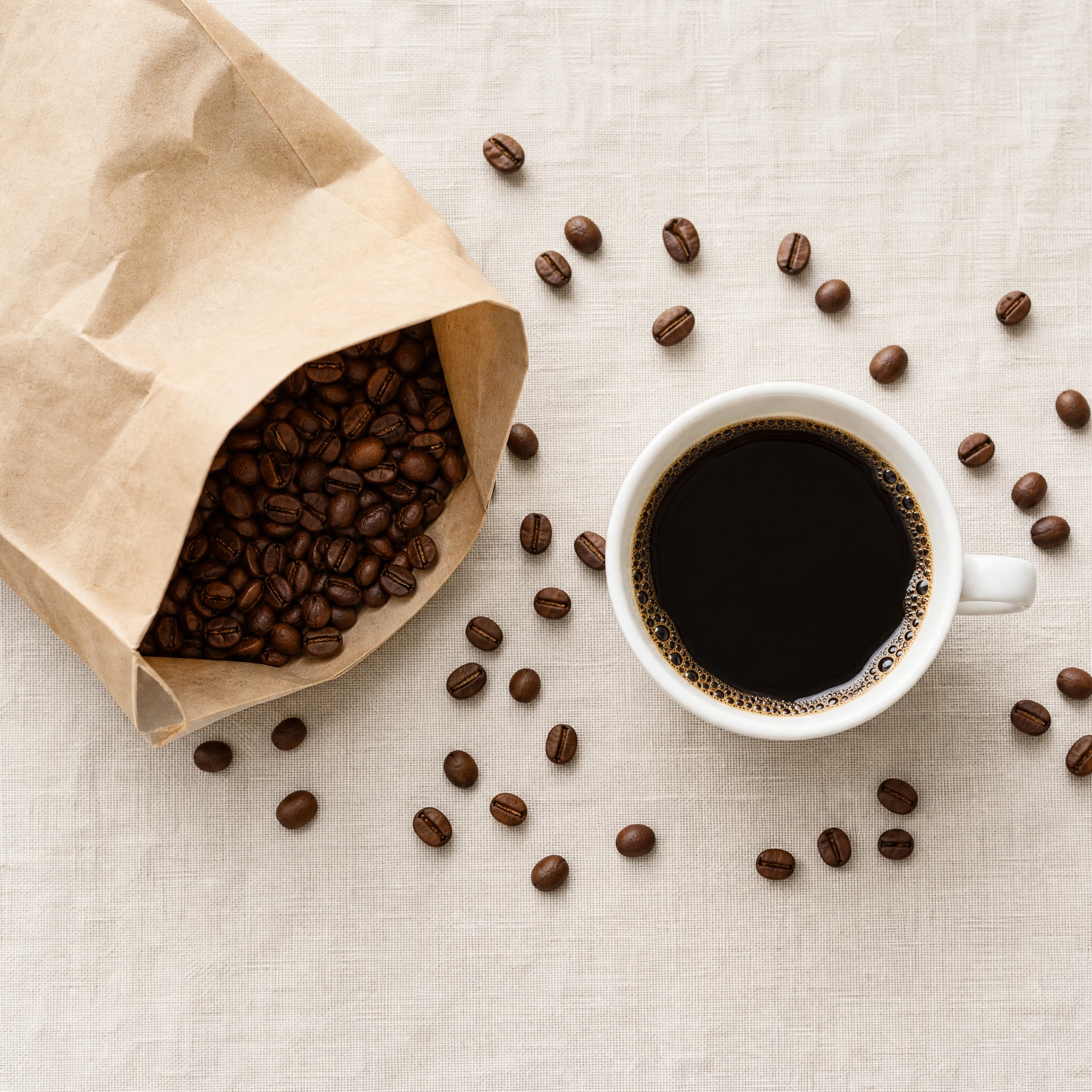 Geöffneter Beutel ganzer Kaffeebohnen neben einer Tasse Kaffee