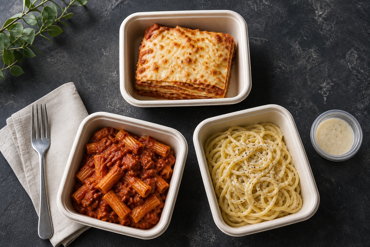 Lasagne, Rigatoni mit Ragù und Spaghetti in neutralen Lieferboxen