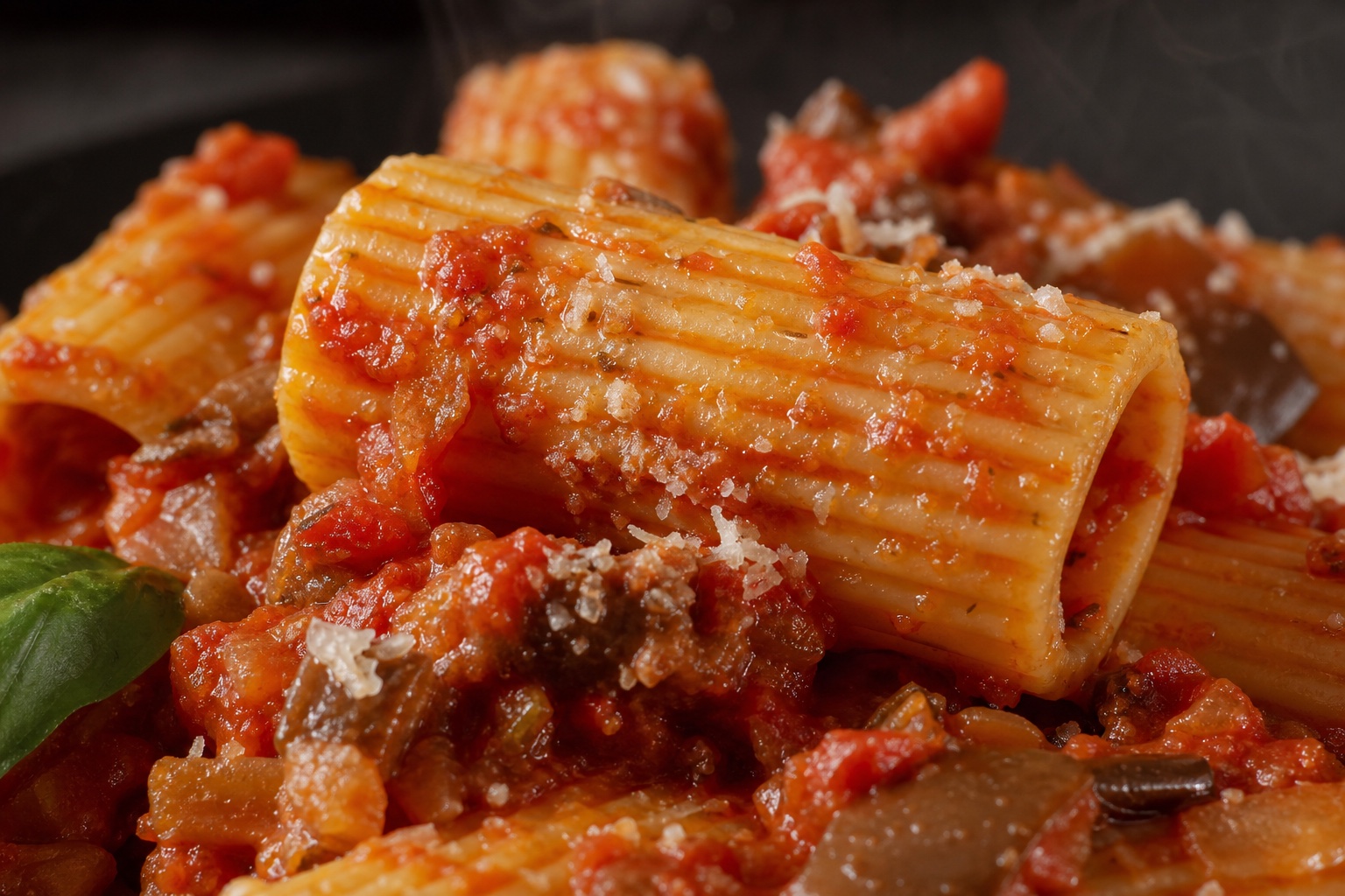 Makroaufnahme von Rigatoni mit Tomatenragout in den Rillen
