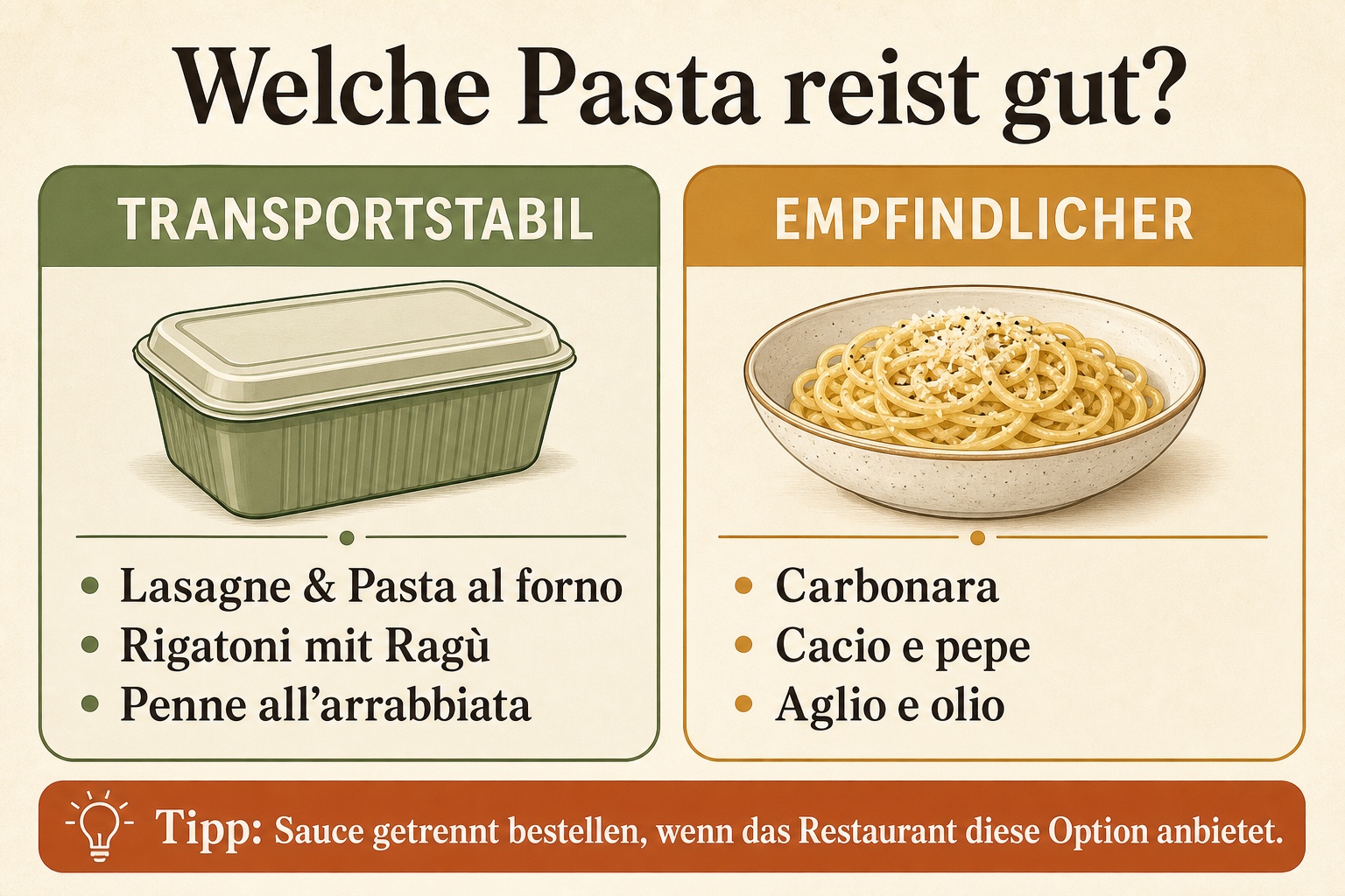 Infografik zu transportstabilen und empfindlicheren Pastagerichten