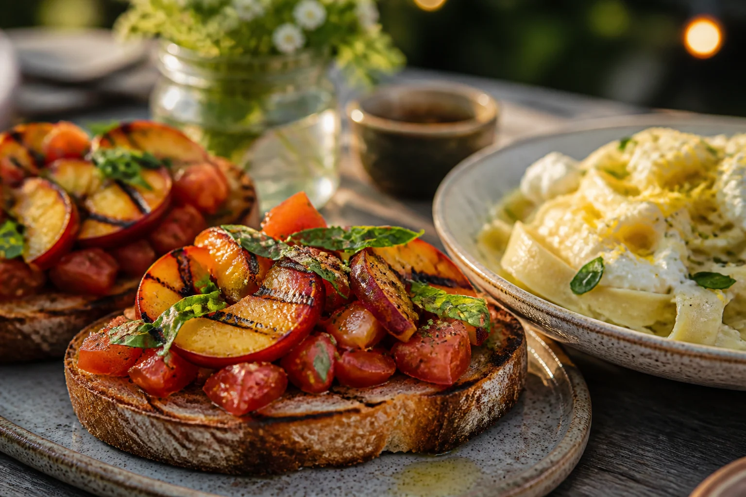 Tomaten-Pfirsich-Bruschetta und cremige Zitronen-Ricotta-Pasta in der Nahaufnahme