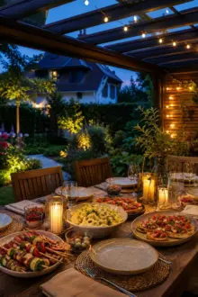 Gemütlich gedeckte Gartentafel mit Pasta und Antipasti unter einer Terrassenüberdachung am Abend