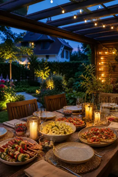 Gemütlich gedeckte Gartentafel mit Pasta und Antipasti unter einer Terrassenüberdachung am Abend