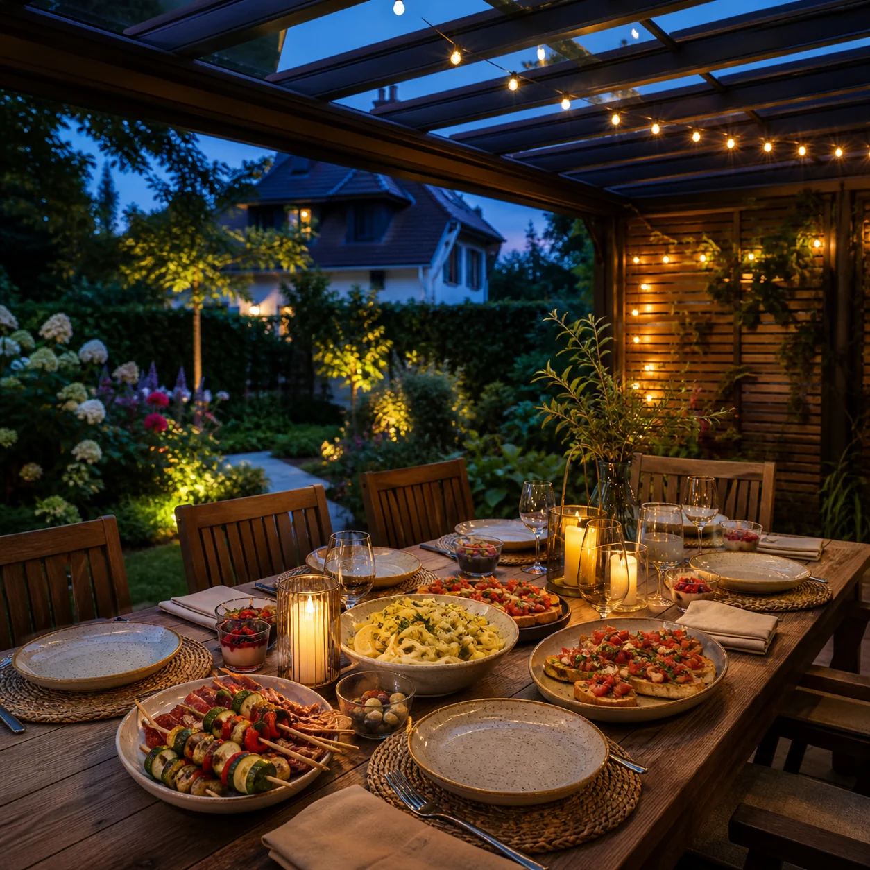 Gemütlich gedeckte Gartentafel mit Pasta und Antipasti unter einer Terrassenüberdachung am Abend