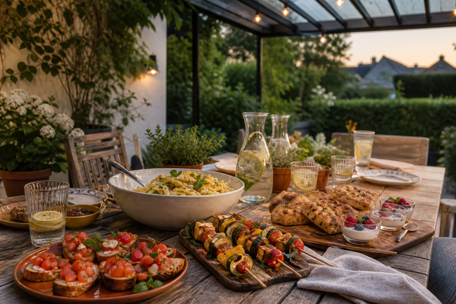 Sommerliche Gartentafel mit Bruschetta, Gemüsespießen, Zitronenpasta und Beerendessert