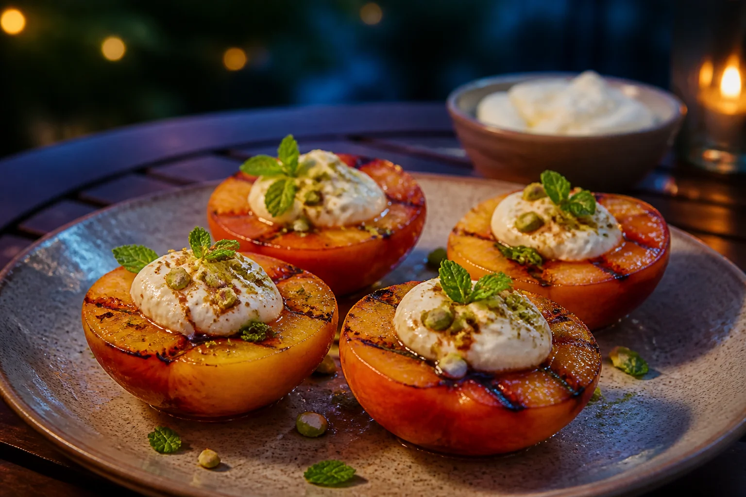 Gegrillte Pfirsiche als veganes Dessert Gegrillte Pfirsichhälften mit pflanzlicher Vanillecreme, Pistazien und Minze