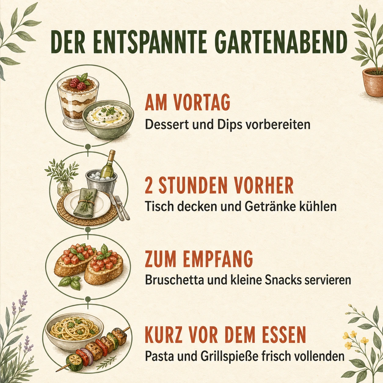 Infografik mit Zeitplan für einen entspannten Gartenabend vom Vortag bis zum Servieren
