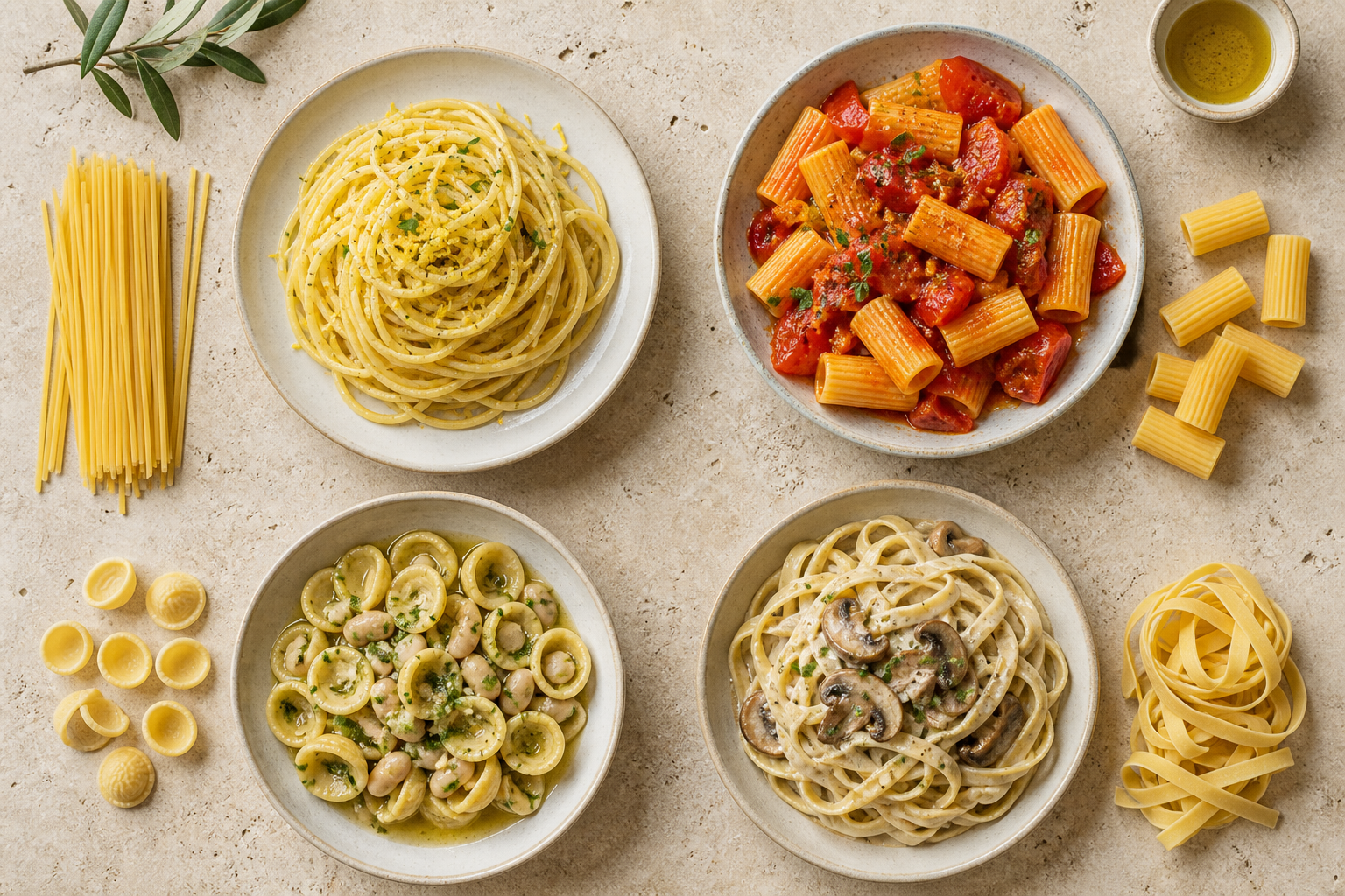 Lange und kurze Nudelformen mit vier unterschiedlichen Saucen für ein Pasta-Buffet – Bildmotiv mithilfe von KI erstellt