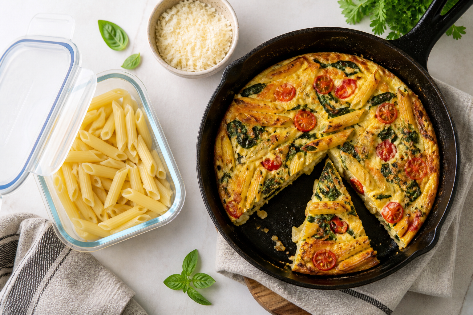 Gekühlte Nudelreste neben einer frisch gebackenen Pasta-Frittata – Bildmotiv mithilfe von KI erstellt