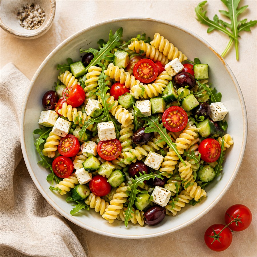 Mediterraner Nudelsalat mit Tomaten, Gurke, Oliven und Feta