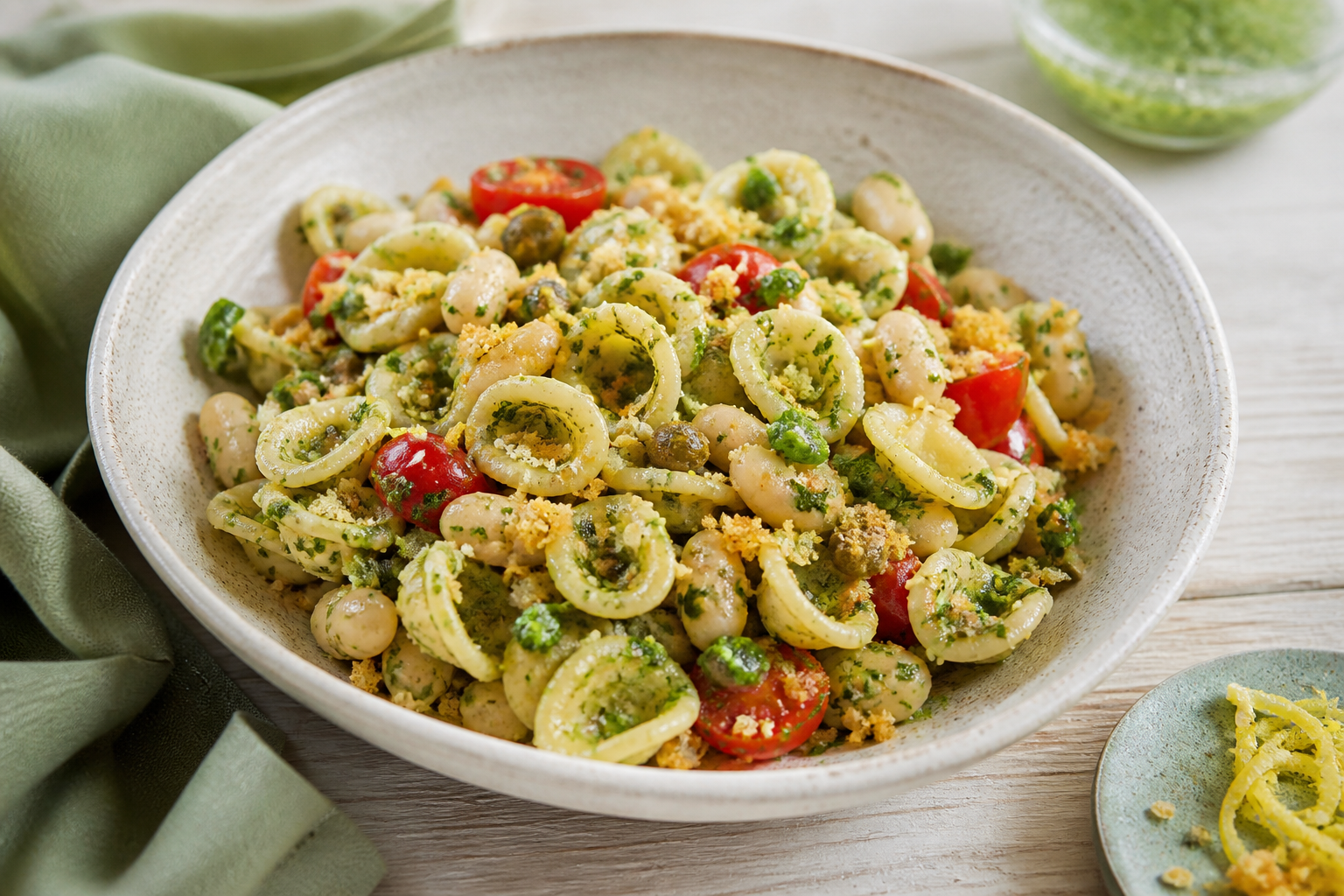 Orecchiette mit weißen Bohnen, Kräutern und Tomaten als vegane Buffetoption – Bildmotiv mithilfe von KI erstellt
