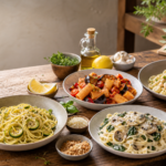 Vier unterschiedliche Pastagerichte für ein abwechslungsreiches Pasta-Buffet – Bildmotiv mithilfe von KI erstellt