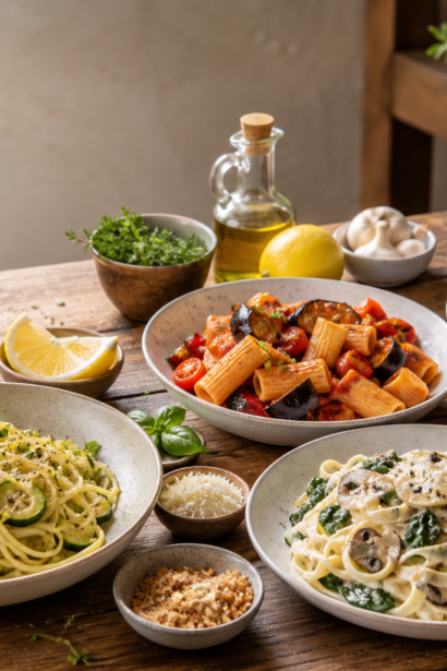 Vier unterschiedliche Pastagerichte für ein abwechslungsreiches Pasta-Buffet – Bildmotiv mithilfe von KI erstellt