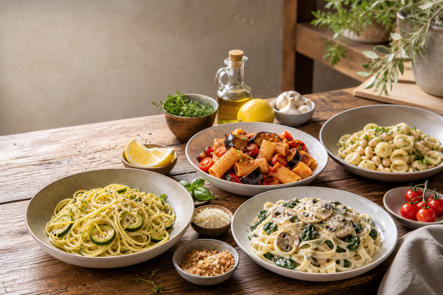 Vier unterschiedliche Pastagerichte für ein abwechslungsreiches Pasta-Buffet – Bildmotiv mithilfe von KI erstellt