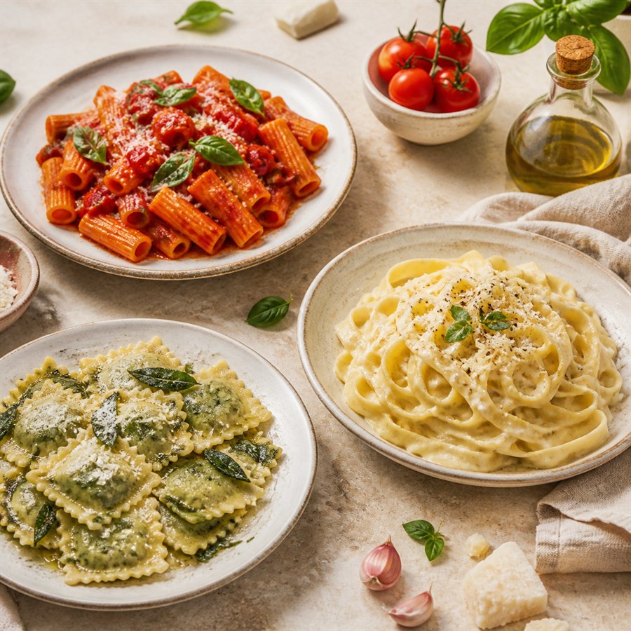 Drei verschiedene Pasta-Gerichte für die Kategorie Rezepte