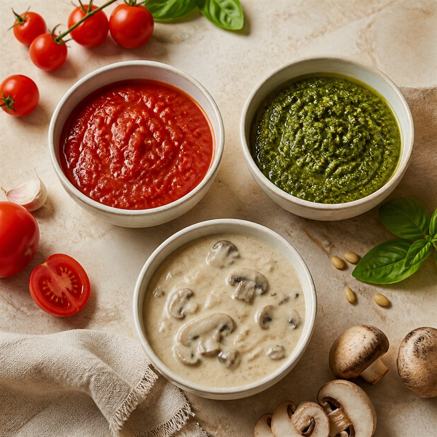 Tomatensauce, Basilikumpesto und Pilzsauce in drei Schalen