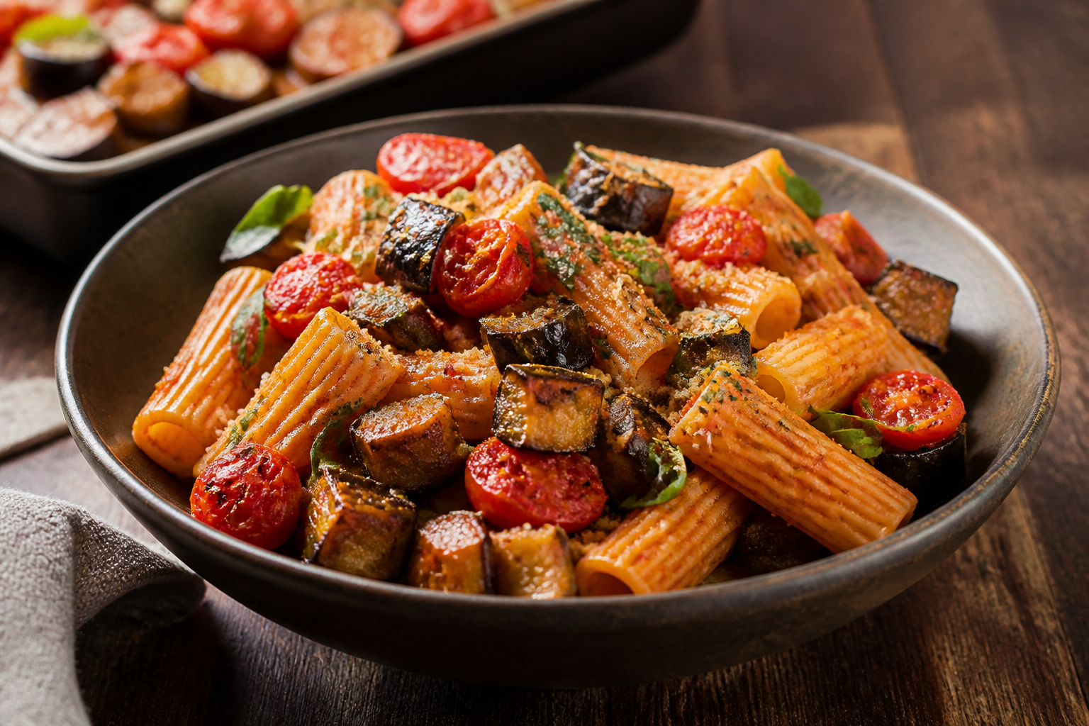 Rigatoni mit Ofentomaten und Aubergine für ein Pasta-Buffet – Bildmotiv mithilfe von KI erstellt