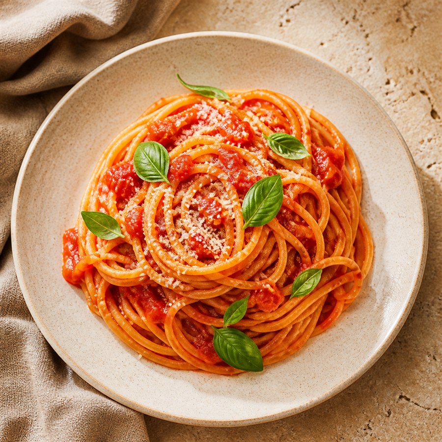 Spaghetti mit Tomatensauce und Basilikum für die Kategorie Spaghetti