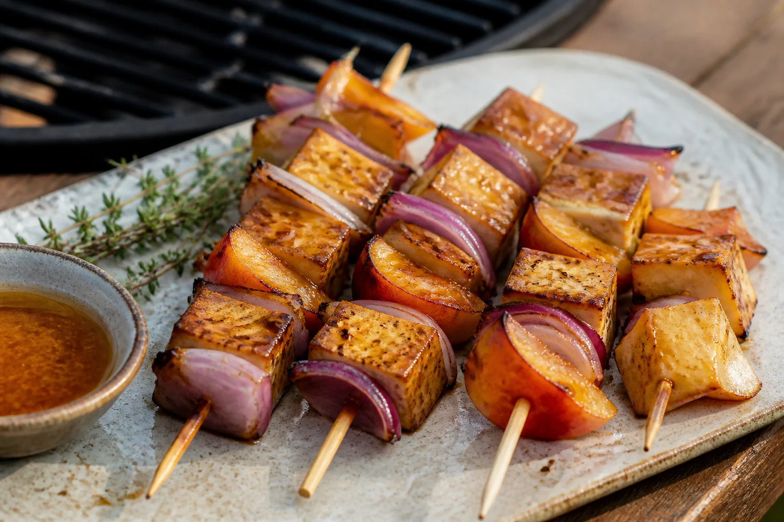 Tofu-Pfirsich-Spieße vom Grill Gegrillte Spieße mit Tofu, Pfirsich und roten Zwiebeln in würziger Marinade