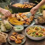Bunte vegane Grilltafel mit Tofu-Pfirsich-Spießen, Grillgemüse, Fladenbrot, Nudelsalat und Dips