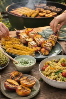 Bunte vegane Grilltafel mit Tofu-Pfirsich-Spießen, Grillgemüse, Fladenbrot, Nudelsalat und Dips