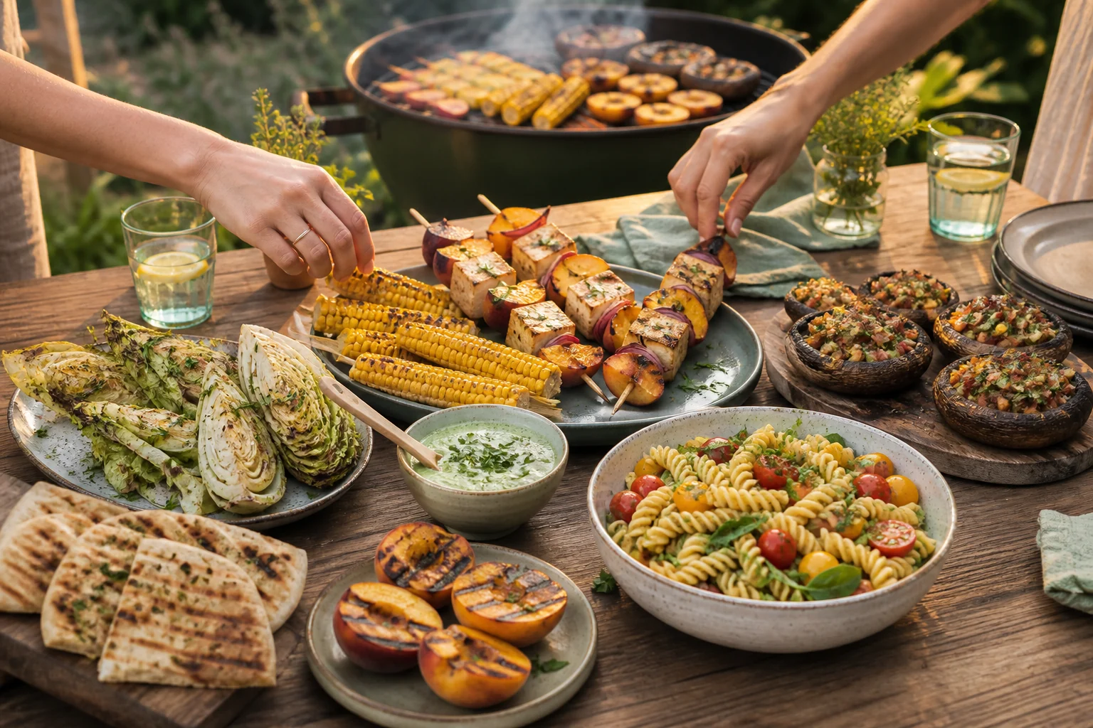 Vegan grillen mal anders Bunte vegane Grilltafel mit Tofu-Pfirsich-Spießen, Grillgemüse, Fladenbrot, Nudelsalat und Dips